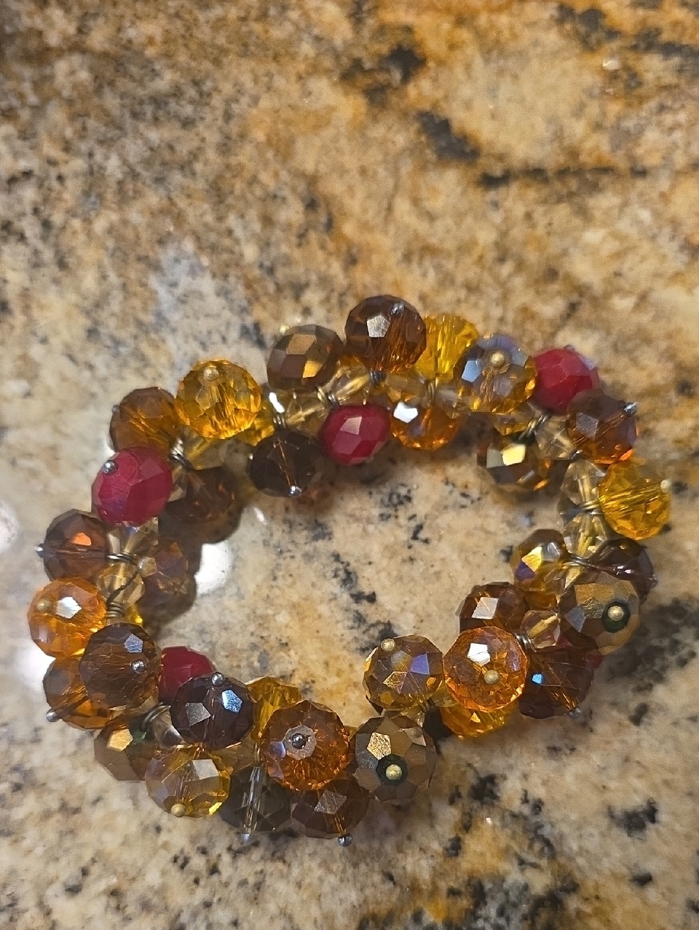 Cake Amber, Brown & Ruby Stretch Bead Bracelet